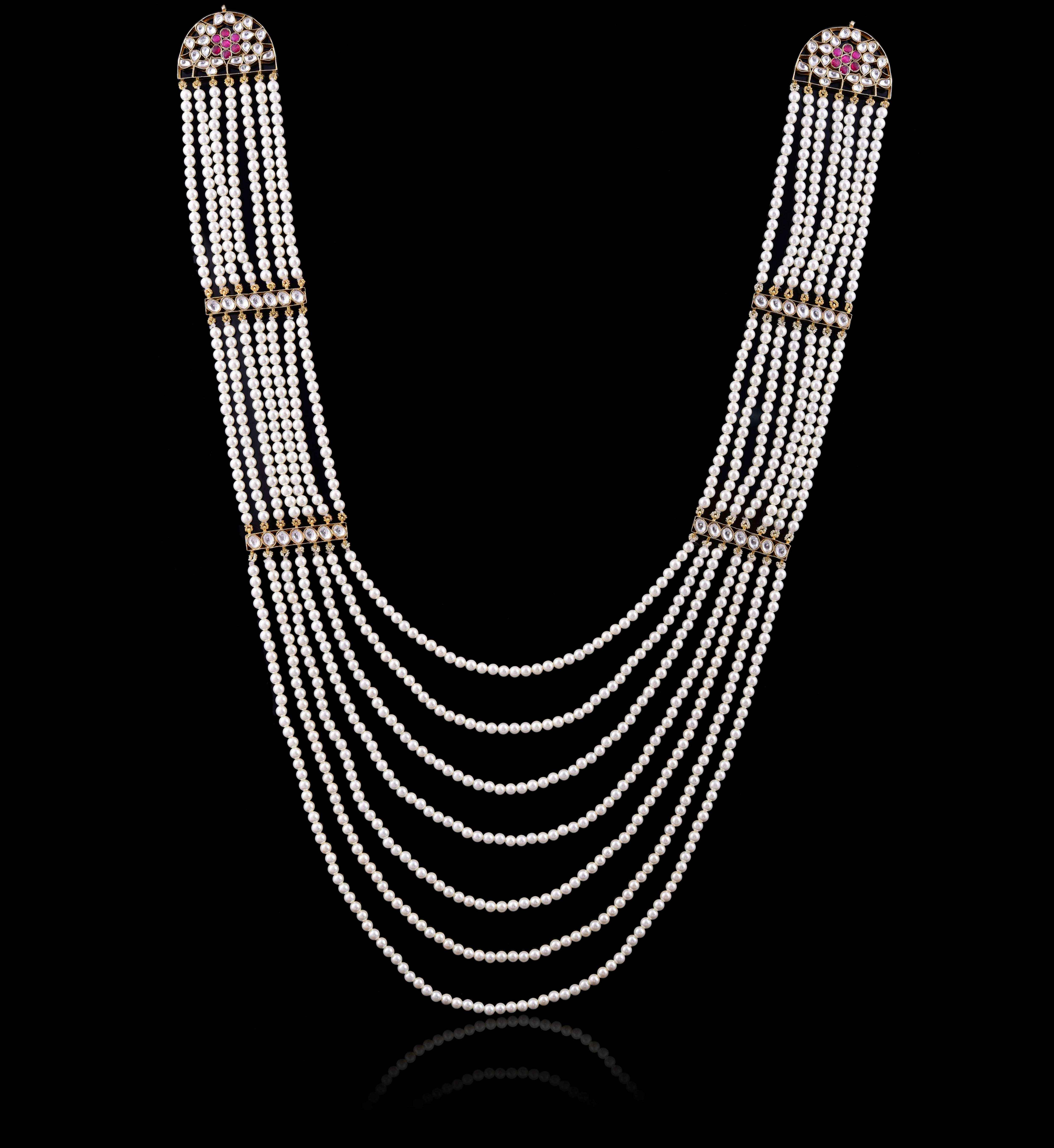925 Silver Long Multi Layer gold plated Kundan & Pearl Necklace :SKU5758